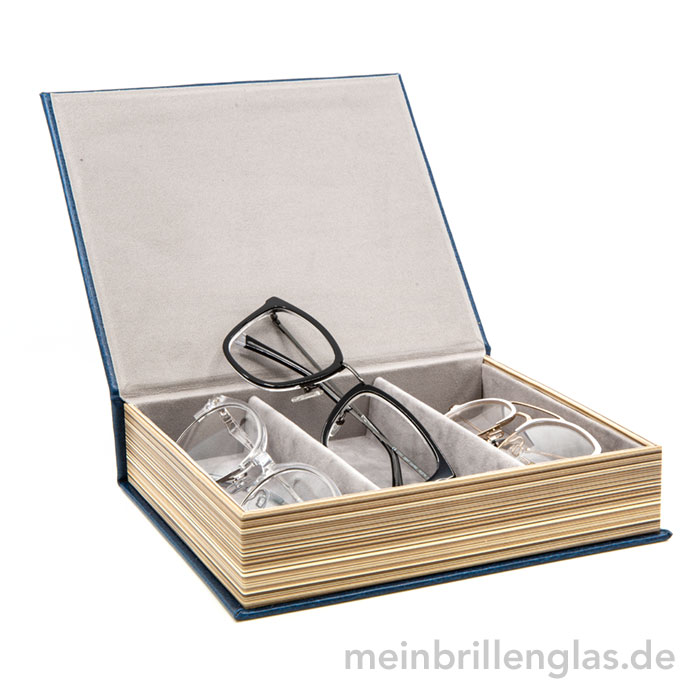 Brillenbox in Buchform zum Schutz und Transport von bis zu 3 Brillen,  Lesebrillen oder Sonnenbrillen. - meinbrillenglas